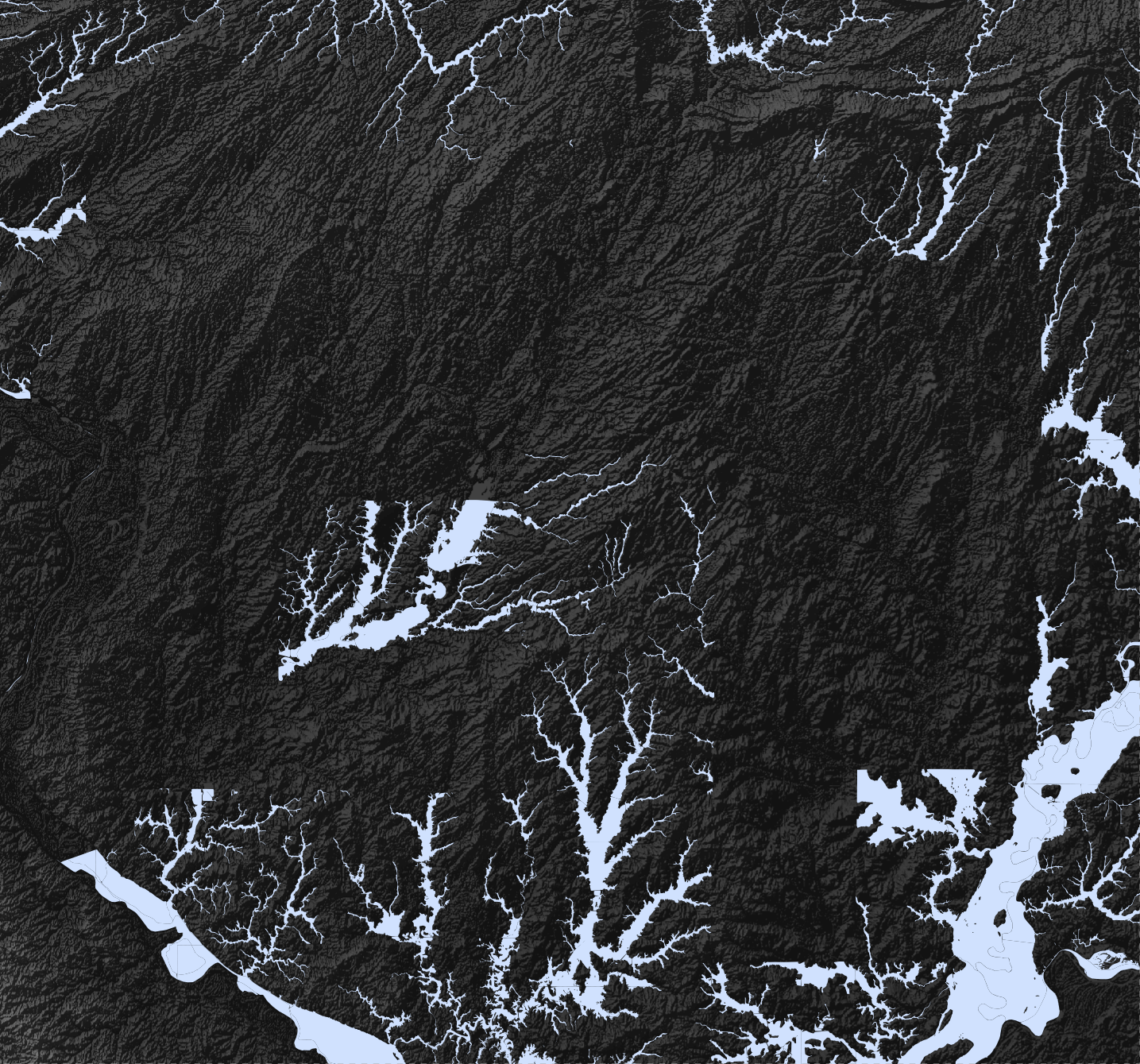 Animated map showing FEMA flood patterns in pale blue and model-generated flood extents in royal blue across Indiana terrain